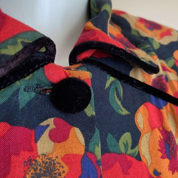 Vintage S.G.Gilbert Size 12 Dark Floral Dress Orange Long Sleeve Velvet Buttons - Picture 4 of 10